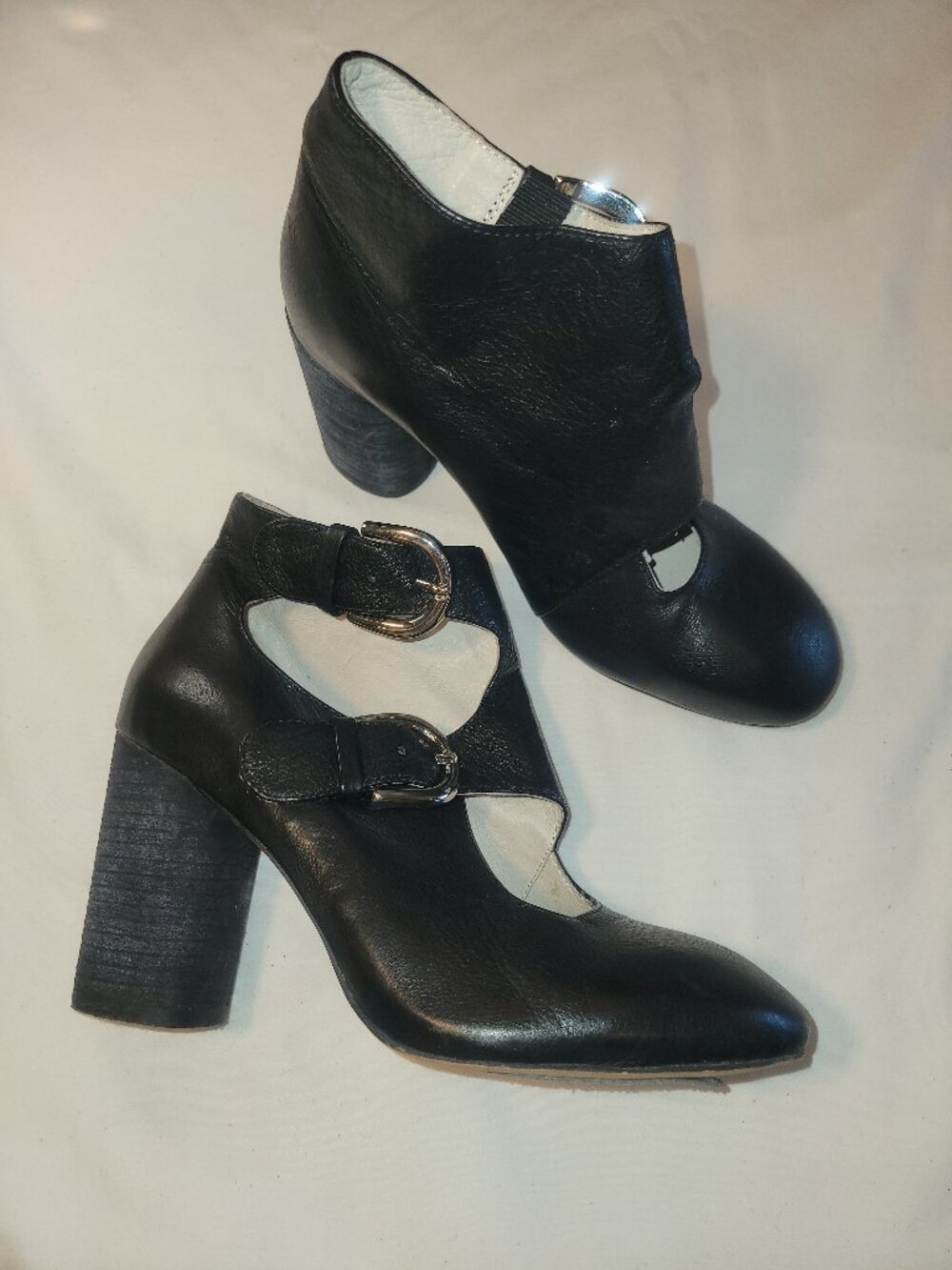 Silent D Anthropologie Black Leather Double Buckle Mary Jane Heels EU 36 US 6